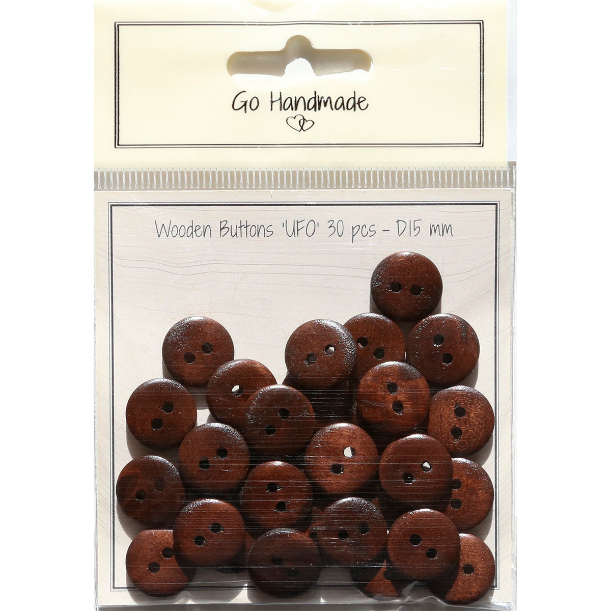 Package of 30 brown wooden buttons 15 mm flat shape