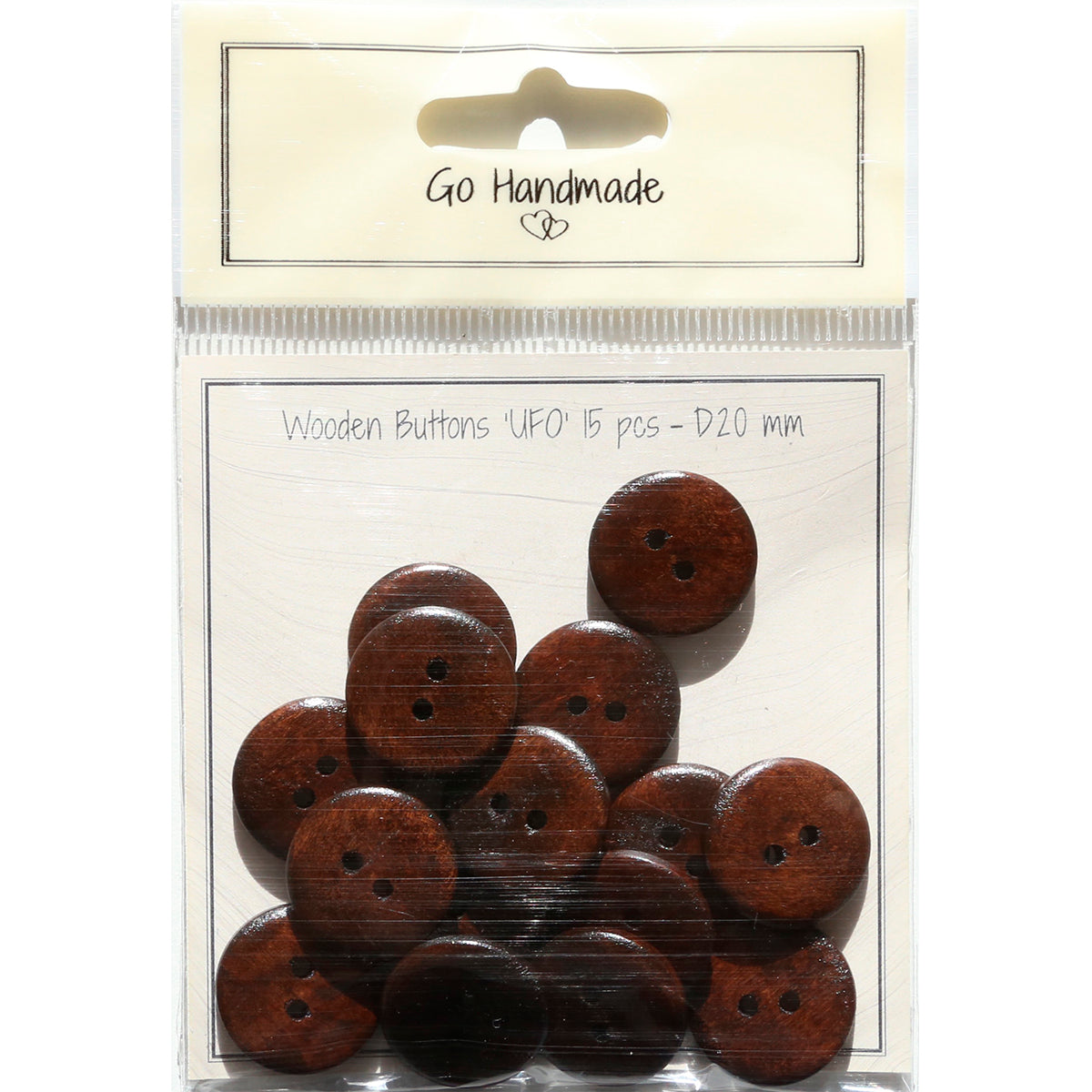 Package of 15 brown wooden buttons 20 mm flat shape