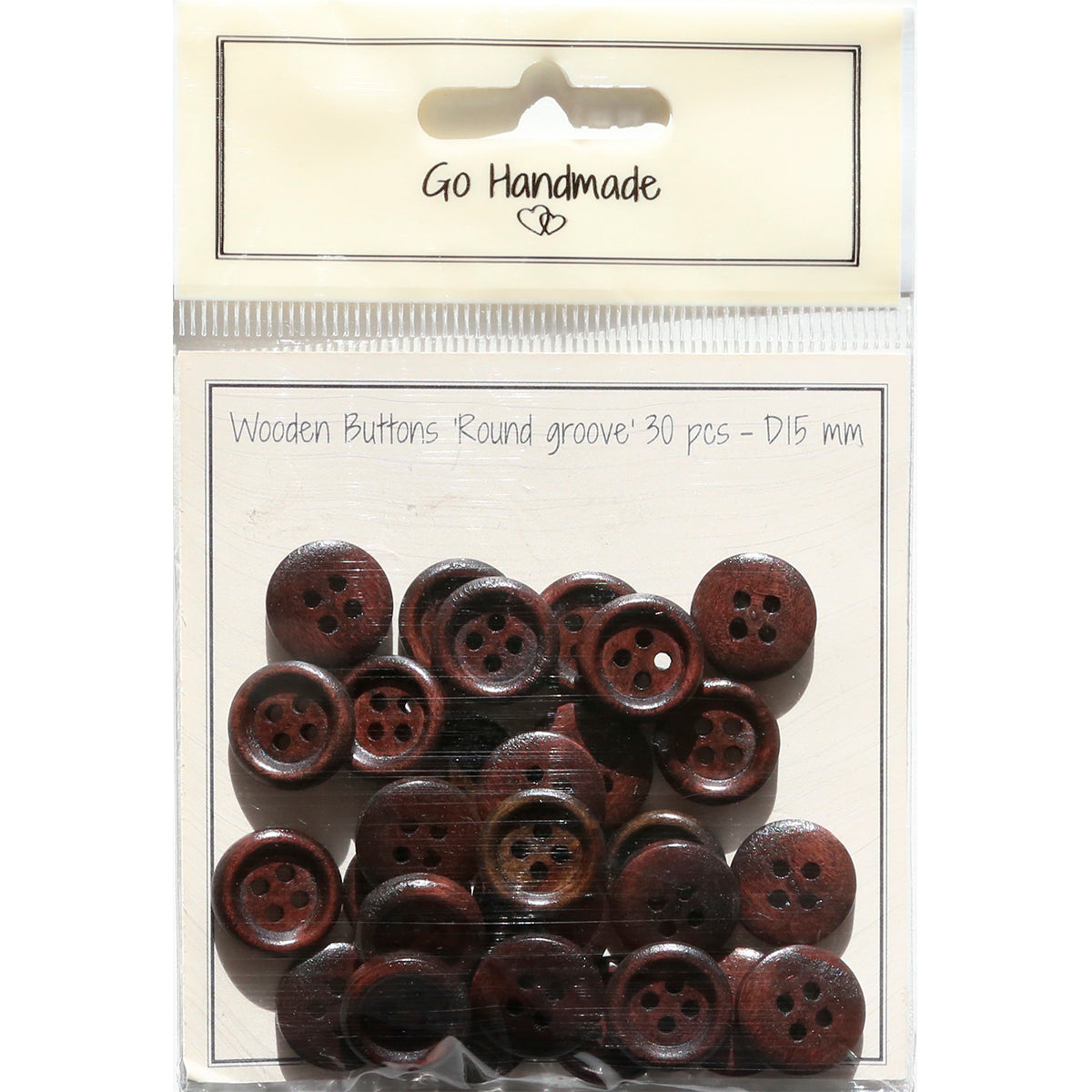 Package of 30 brown wooden buttons 15 mm round shape