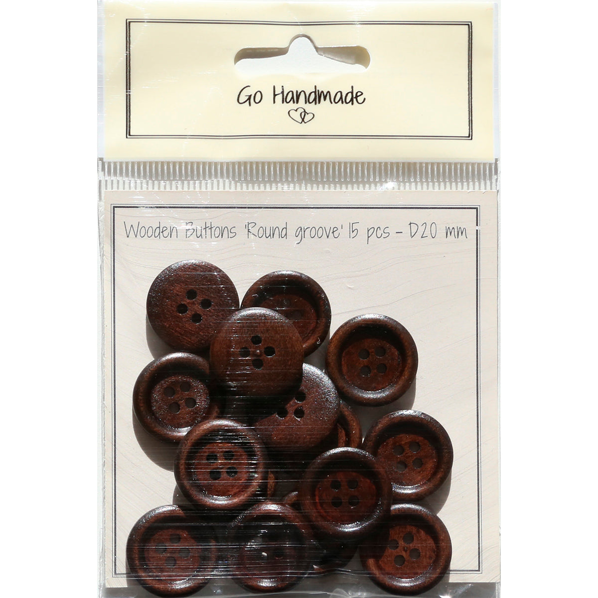 Package of 15 brown wooden buttons 20 mm round shape