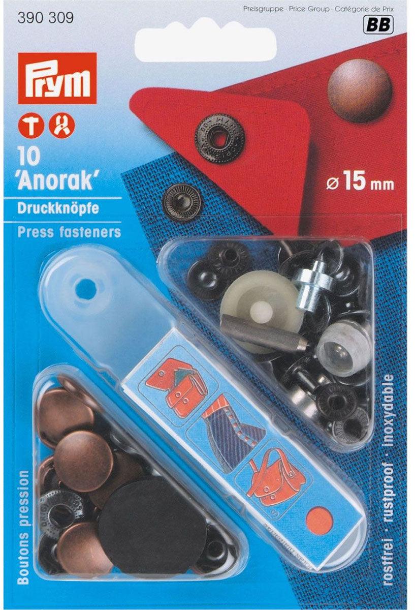 Boite de 10 boutons pression anorak Cuivre antique avec outil 15 mm