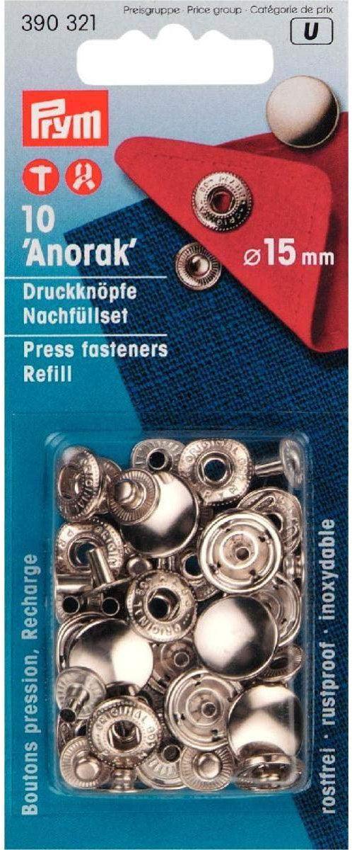 Wiederaufladung von 10 Arorak 15 mm Silber Anorak Druckknöpfe