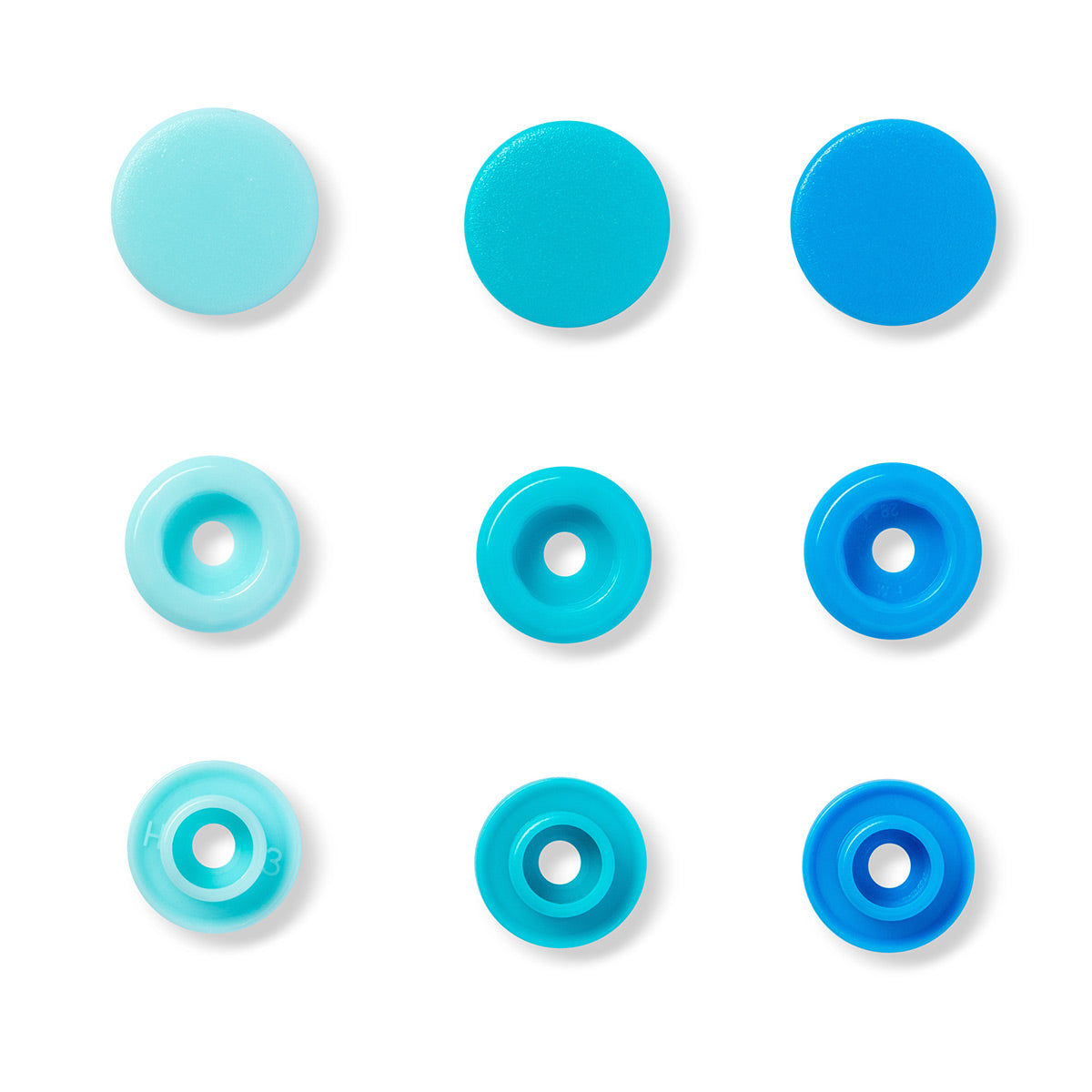 Set of 30 pimples color snaps 12.4 mm - sky blue, turquoise and blue