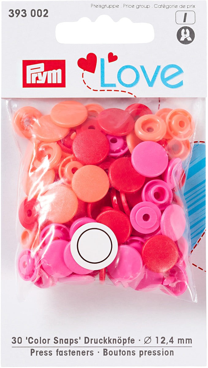 Set de 30 boutons pression Color Snaps 12,4 mm - Rouge, rose et pêche