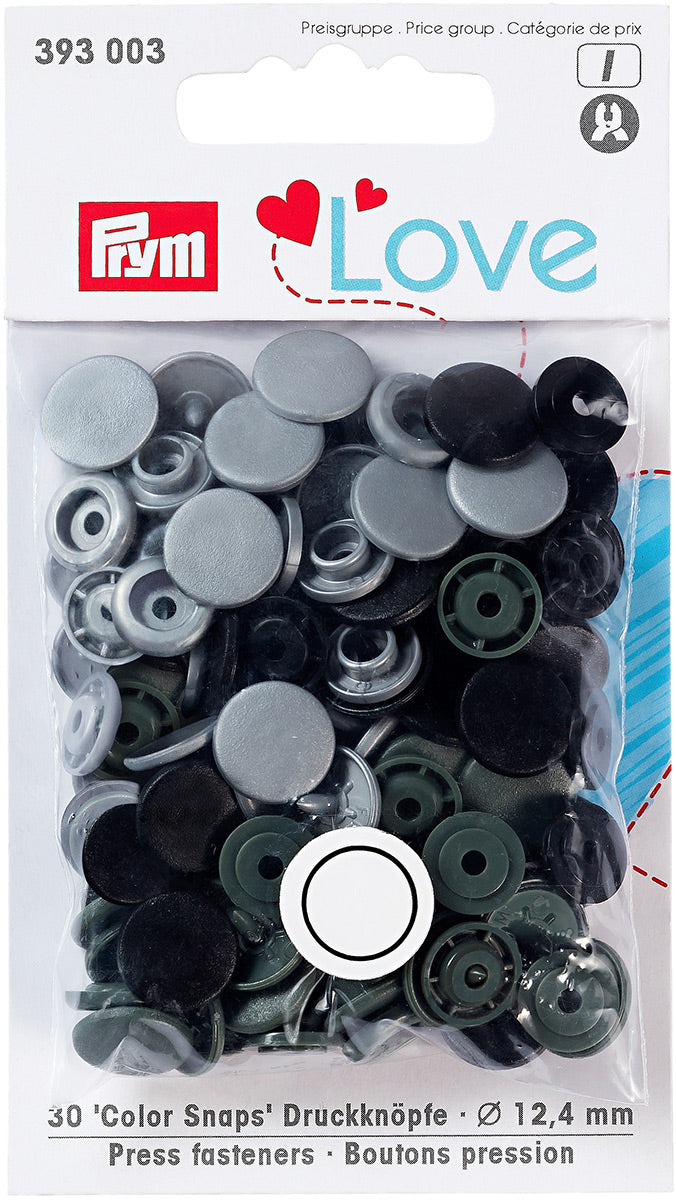 Set de 30 boutons pression Color Snaps 12,4 mm - Gris, anthracite et noir