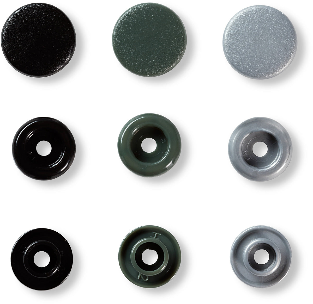 Set of 30 pimples color snaps 12.4 mm - gray, anthracite and black