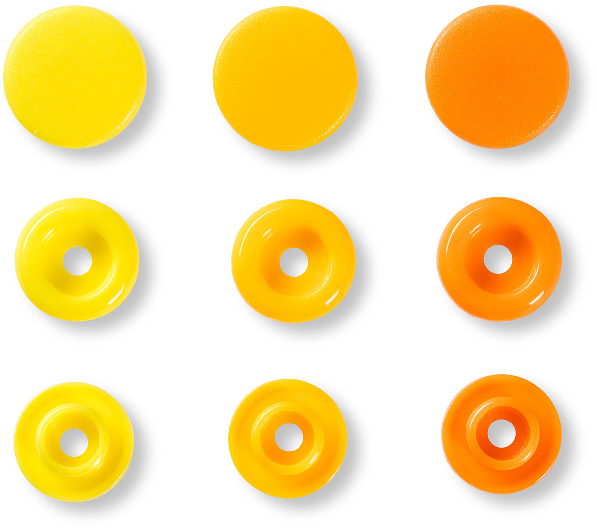 Set of 30 pimples color snaps 12.4 mm - yellow, orange yellow and orange