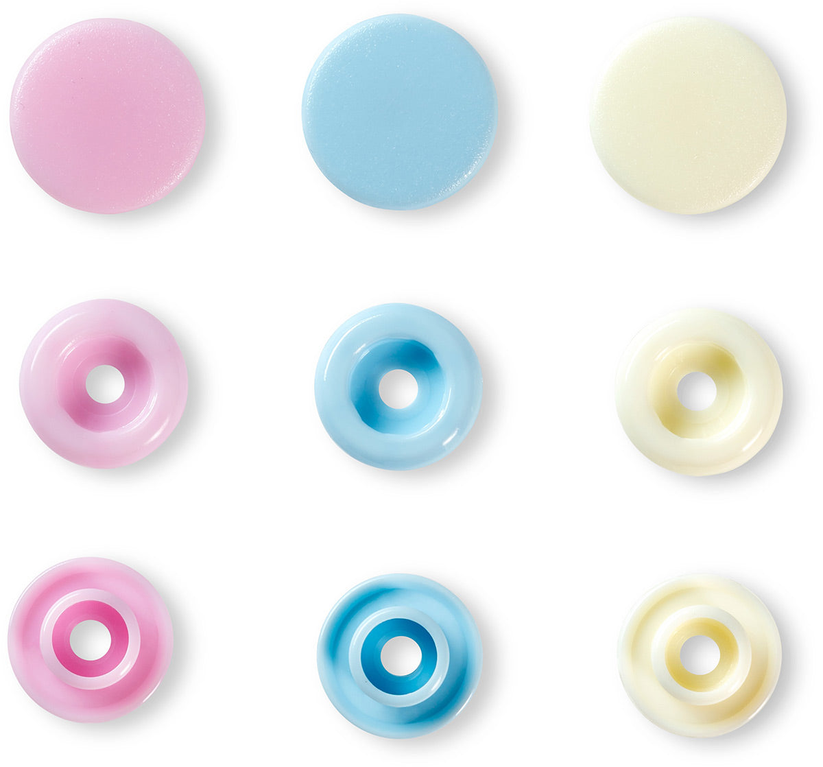 Set of 30 pimples color snaps 12.4 mm - pink, light blue and broken white