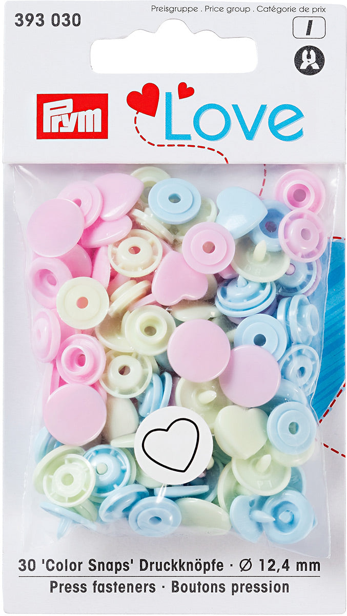 Set of 30 pimples color snaps hearts 12.4 mm - pink, lemon green and sky blue