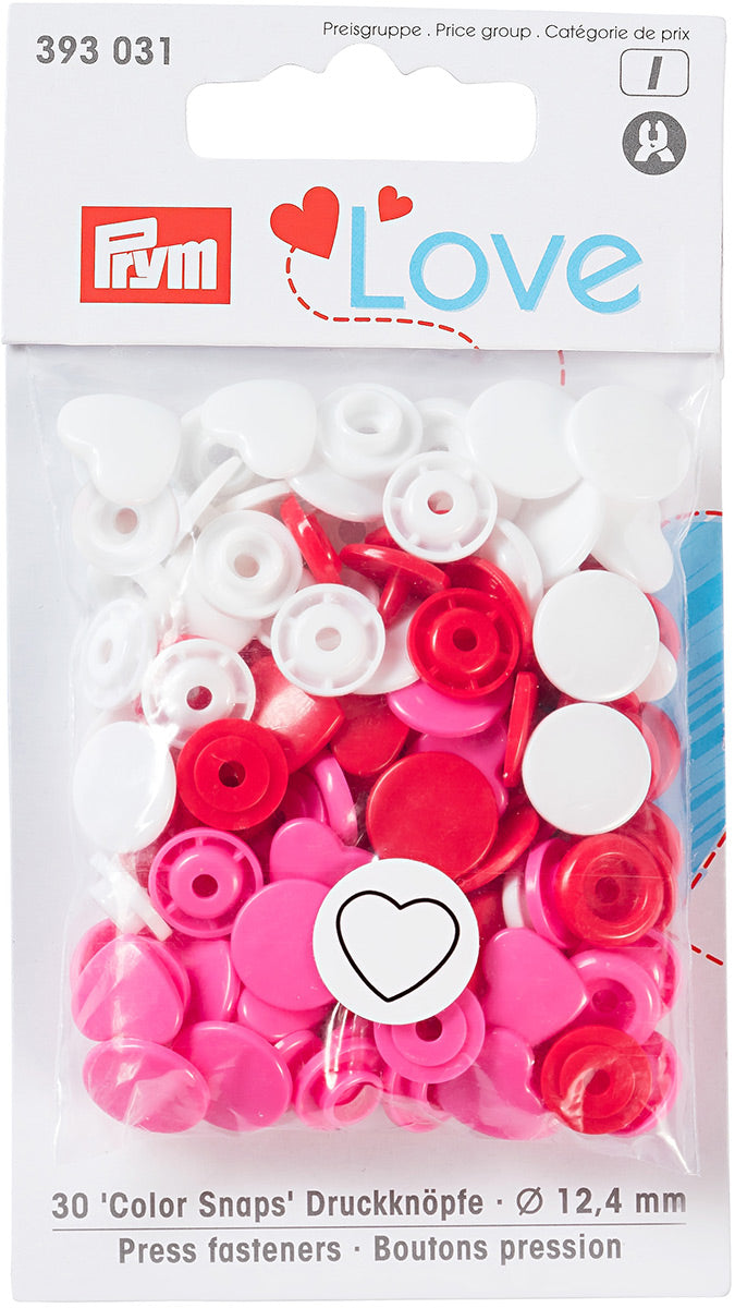 Set de 30 boutons pression Color Snaps Coeurs 12,4 mm - Rouge, blanc et fuchsia