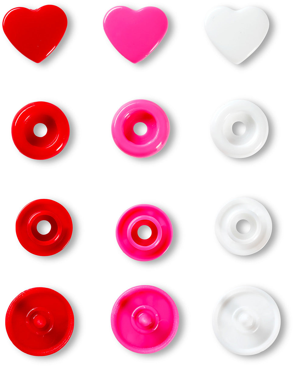 Set of 30 Pruits Color Snaps Coeurs 12.4 mm - Red, White and Fuchsia