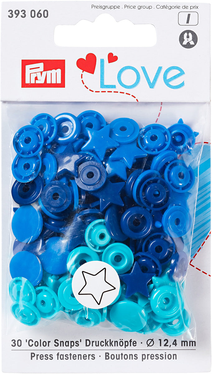 Set of 30 pimples color snaps stars 12.4 mm - blue, turquoise and ink