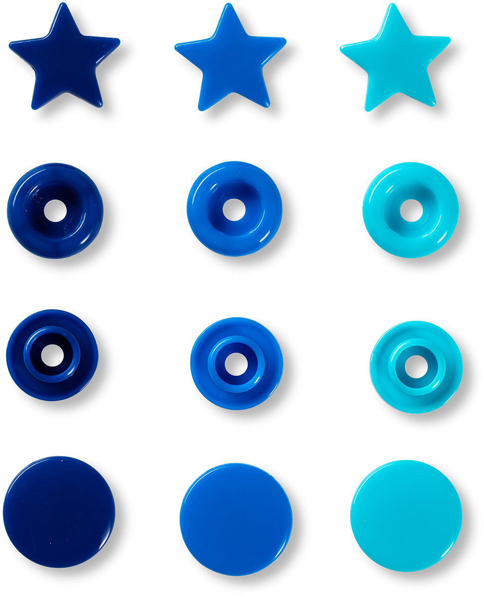 Set of 30 pimples color snaps stars 12.4 mm - blue, turquoise and ink