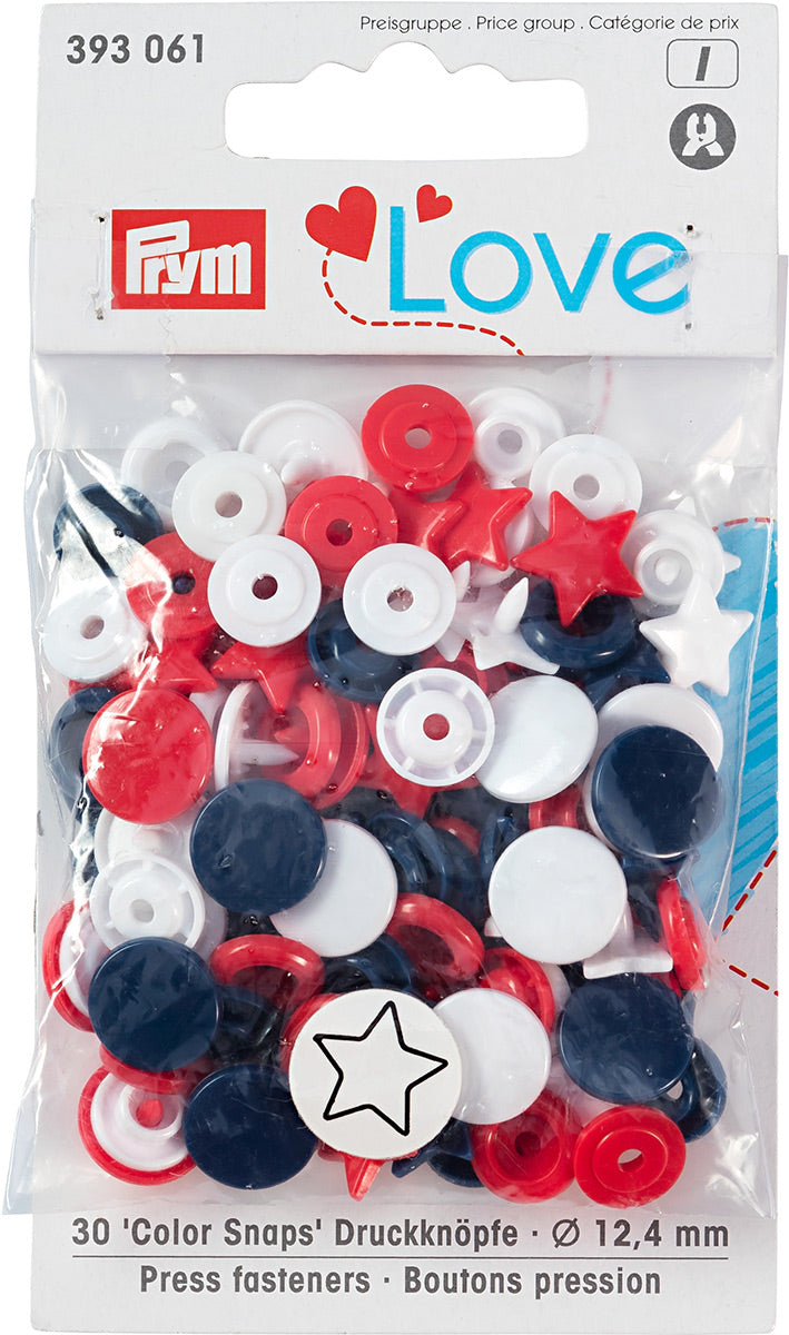 Set of 30 pimples color snaps stars 12.4 mm - red, white and navy