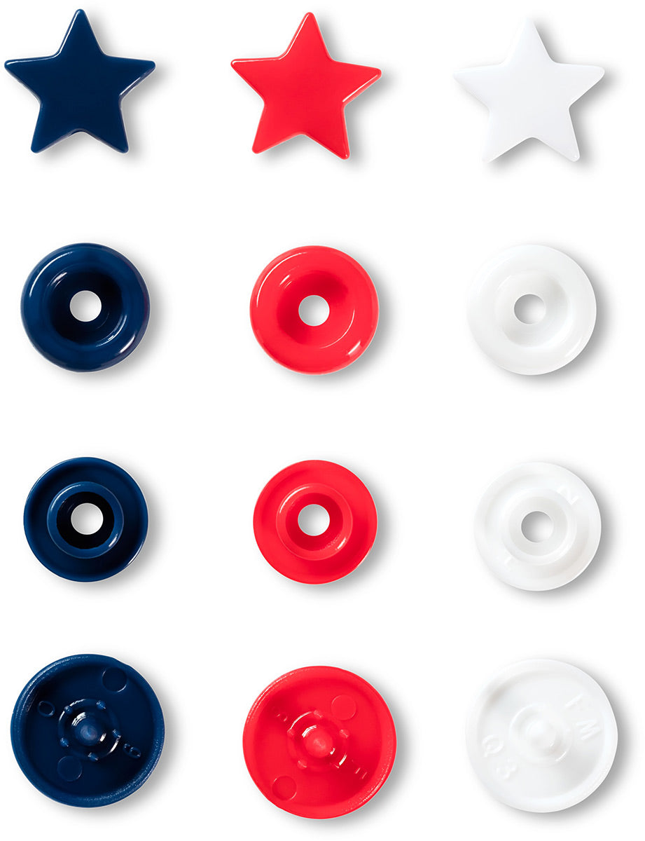 Set of 30 pimples color snaps stars 12.4 mm - red, white and navy