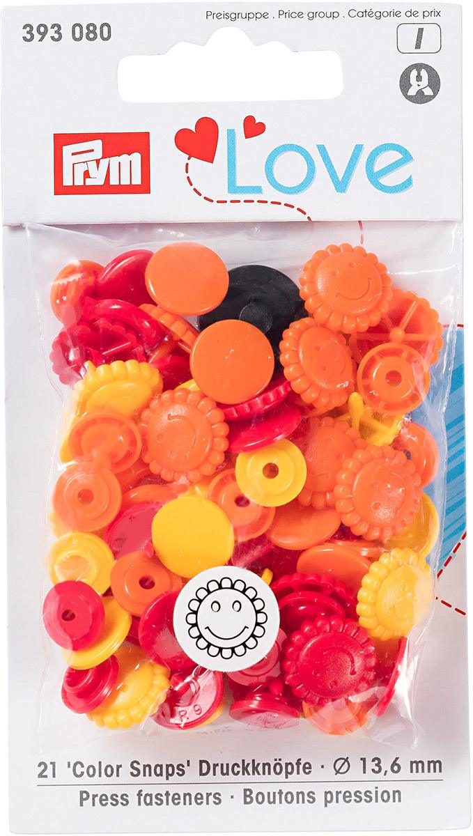 Set of 21 pimples color snaps flowers 13.6 mm - yellow, red and orange