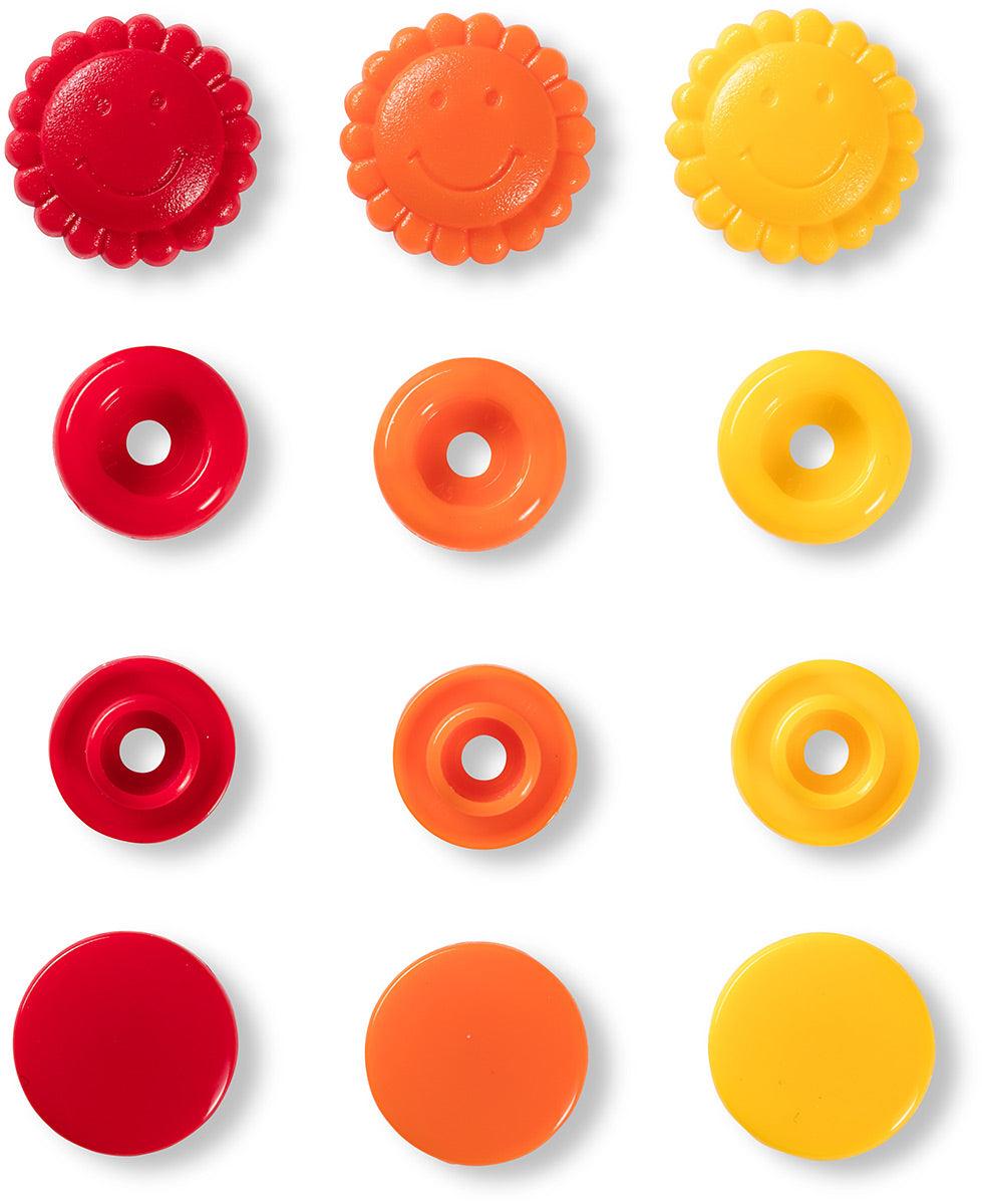 Set de 21 boutons pression Color Snaps Fleurs 13,6 mm - Jaune, rouge et orange