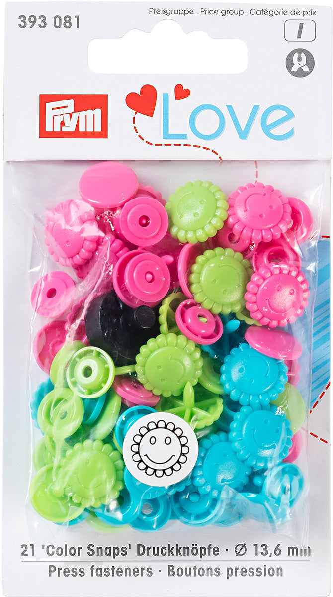 Set of 21 pimples color snaps flowers 13.6 mm -turquoise, green and fuchsia