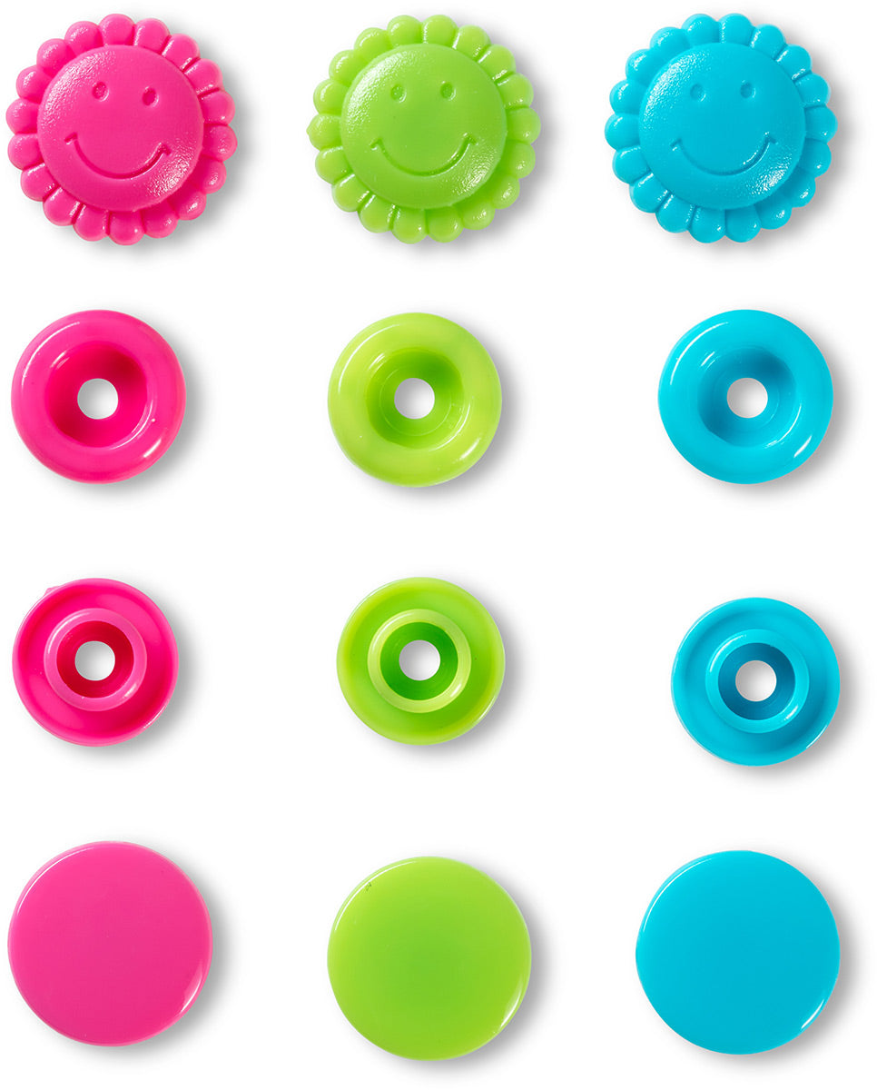 Set de 21 boutons pression Color Snaps Fleurs 13,6 mm -Turquoise, vert et fuchsia