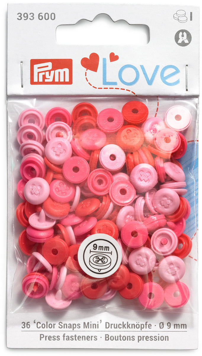 Set de 36 boutons pression Color Snaps Mini 9 mm Optique - Rose, fuchsia et rouge