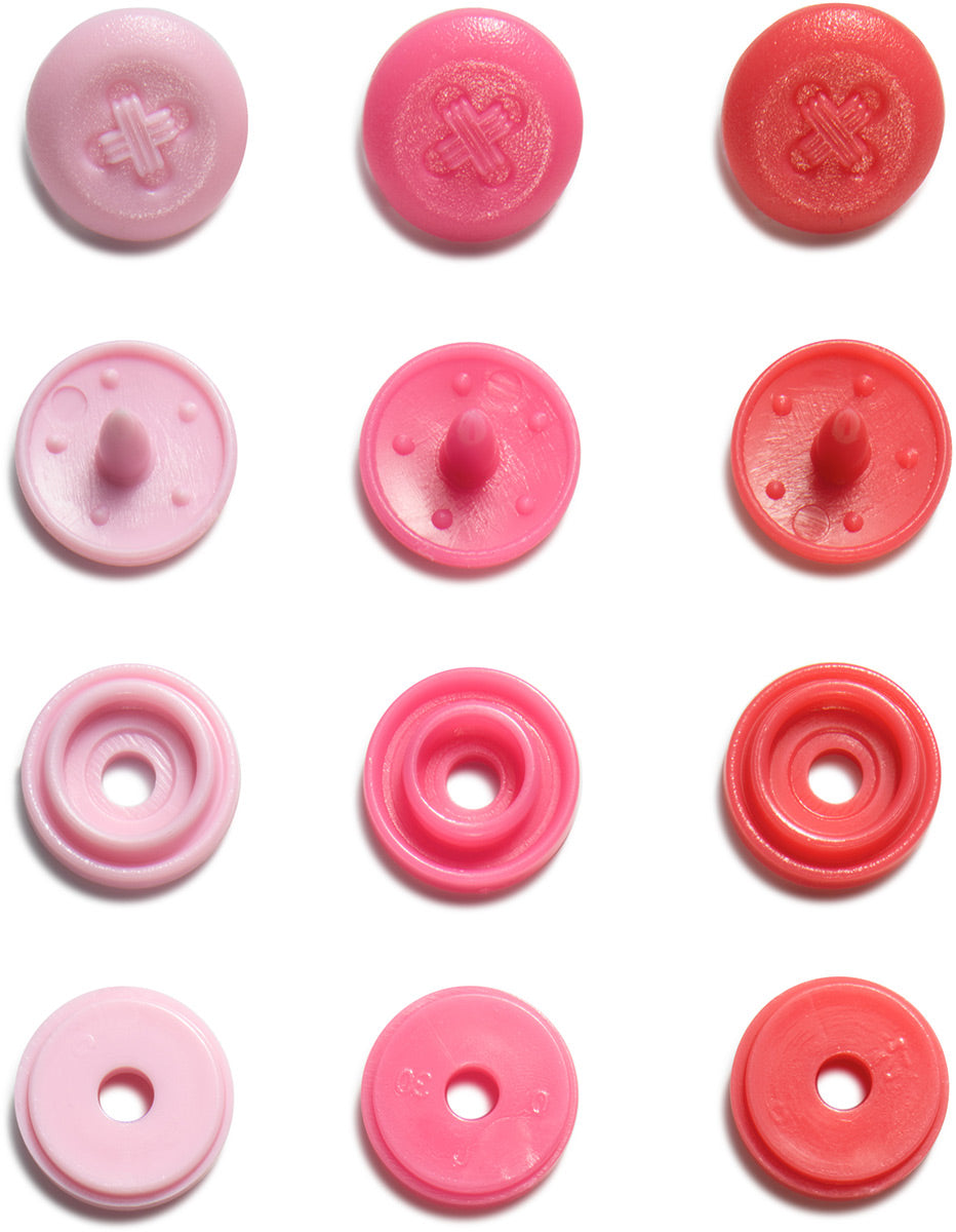 Set de 36 boutons pression Color Snaps Mini 9 mm Optique - Rose, fuchsia et rouge