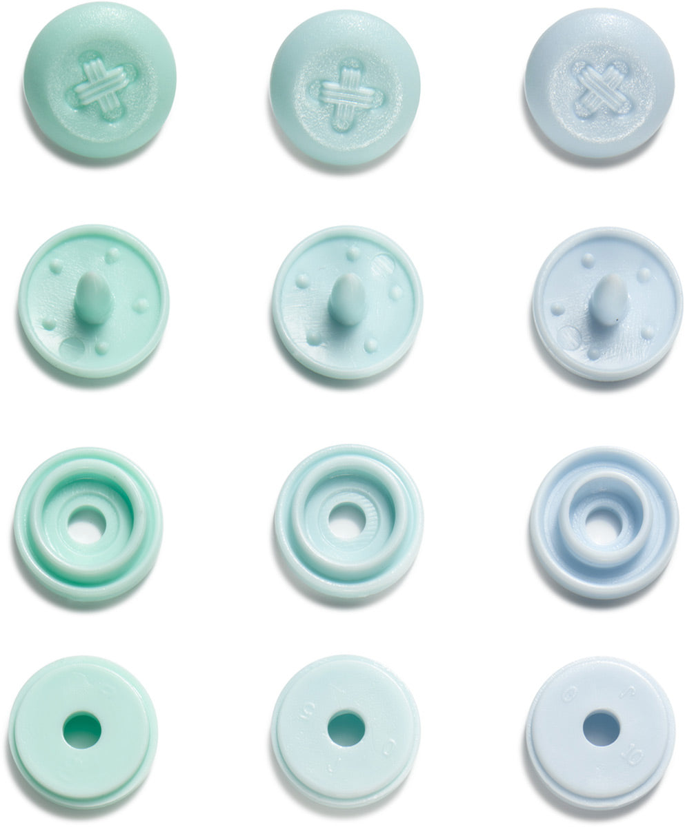 Set de 36 boutons pression Color Snaps Mini 9 mm Optique - Menthe, vert eau et bleu