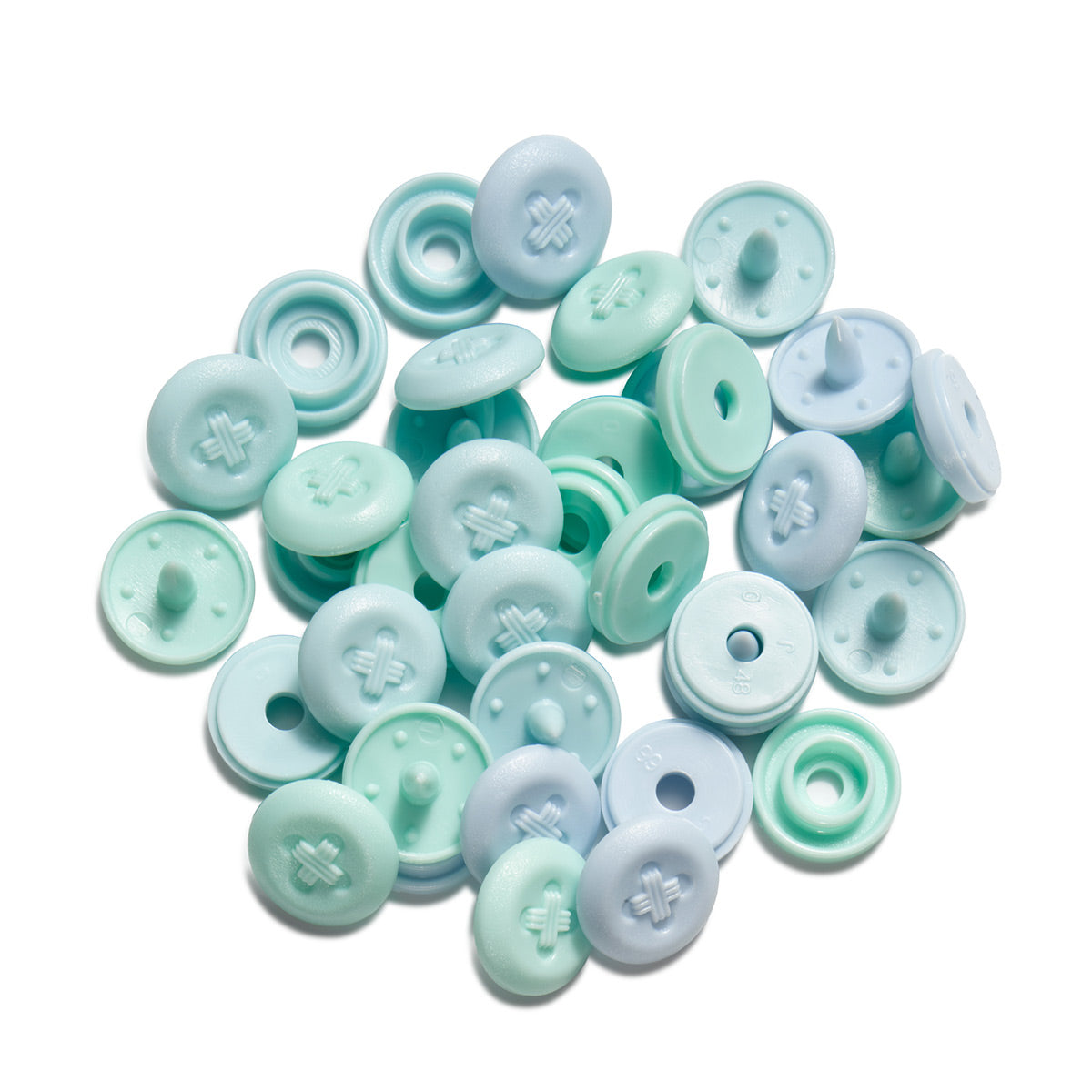 Set de 36 boutons pression Color Snaps Mini 9 mm Optique - Menthe, vert eau et bleu