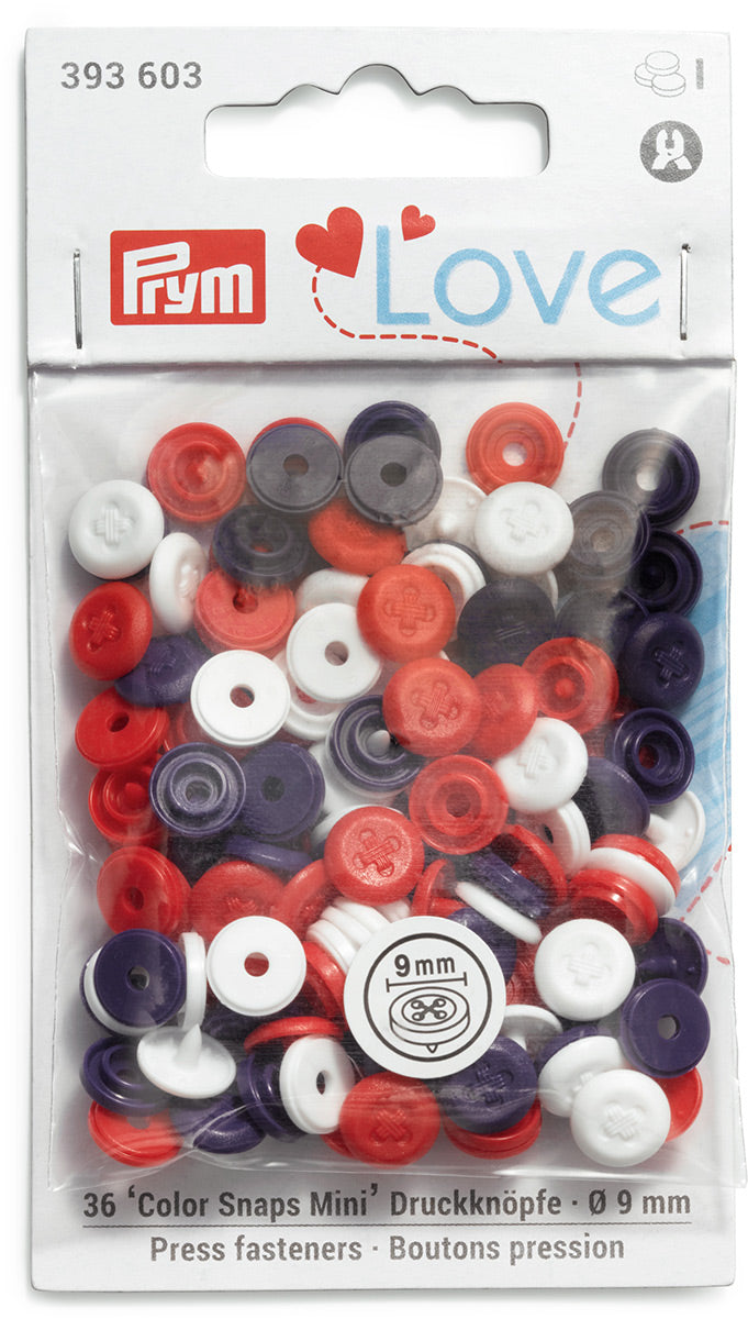 Set de 36 boutons pression Color Snaps Mini 9 mm Optique - Bleu, blanc et rouge