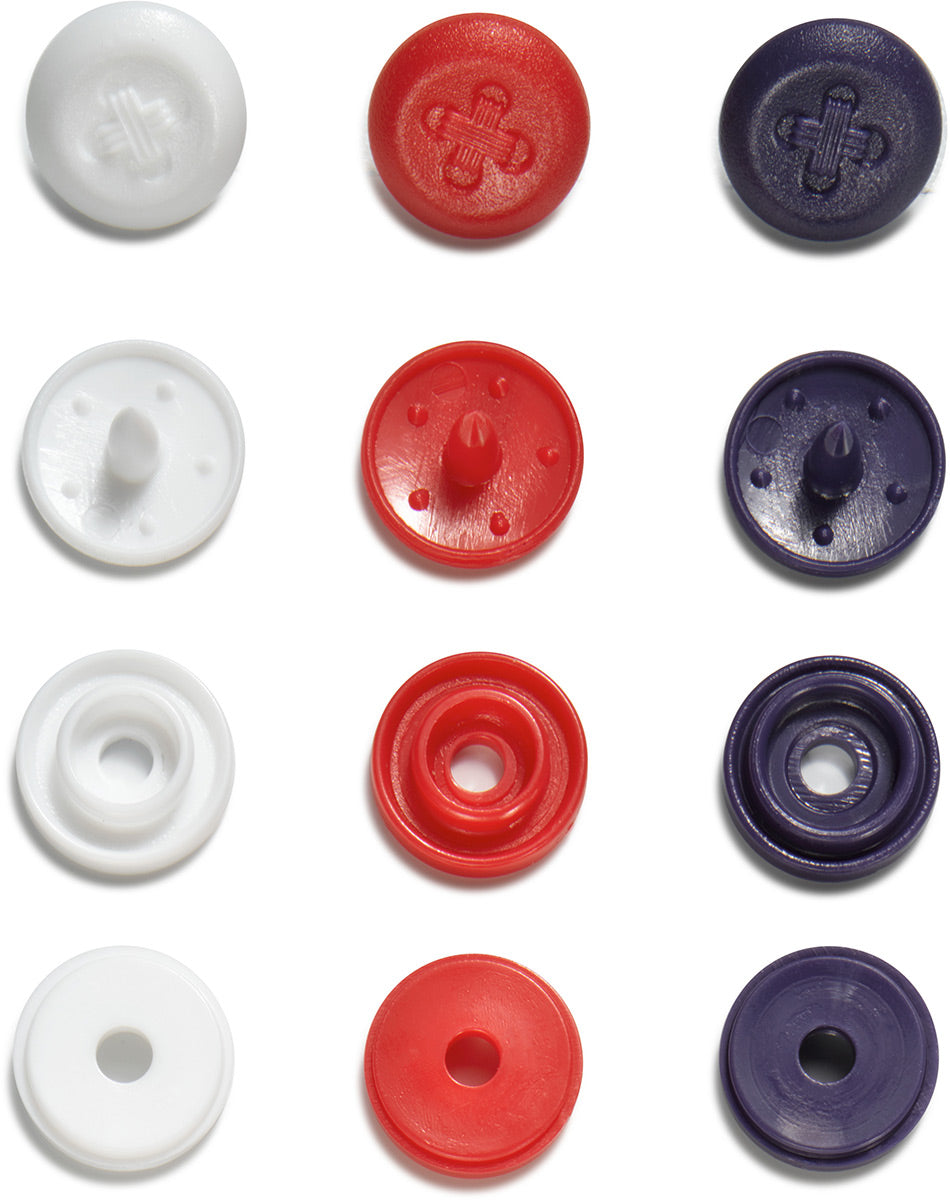 Set de 36 boutons pression Color Snaps Mini 9 mm Optique - Bleu, blanc et rouge