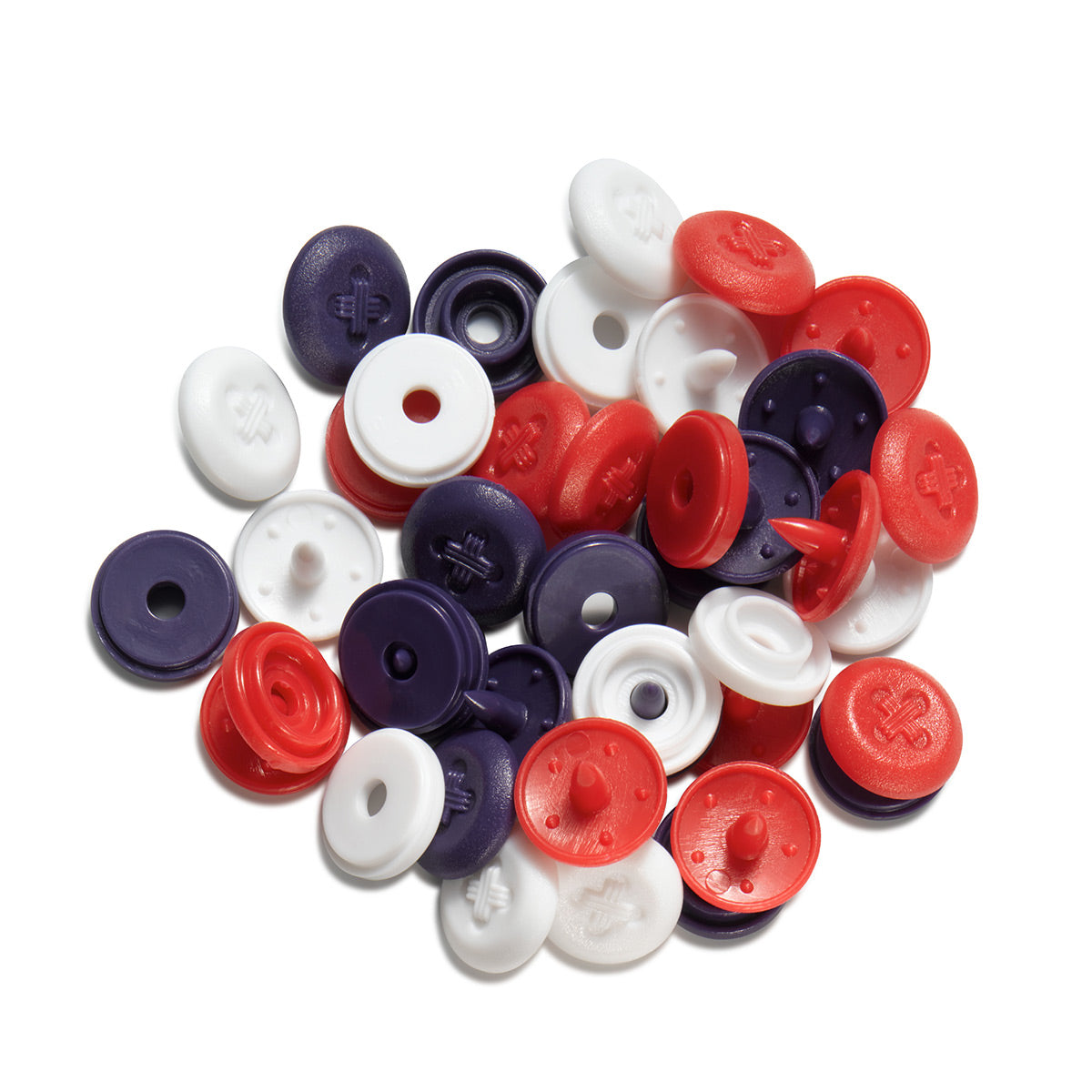 Set de 36 boutons pression Color Snaps Mini 9 mm Optique - Bleu, blanc et rouge