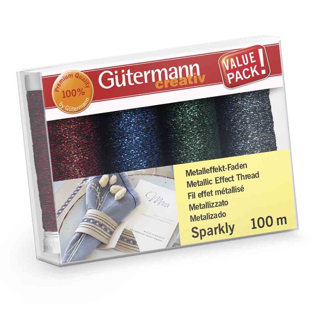 Set de 4 fils à coudre Gütermann Sparkly - Rouge, bleu, vert et marine