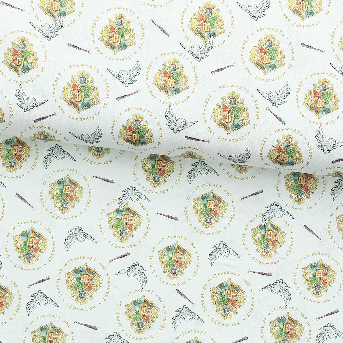 Tissu popeline de coton - Harry Potter - Logo et chouette fond blanc