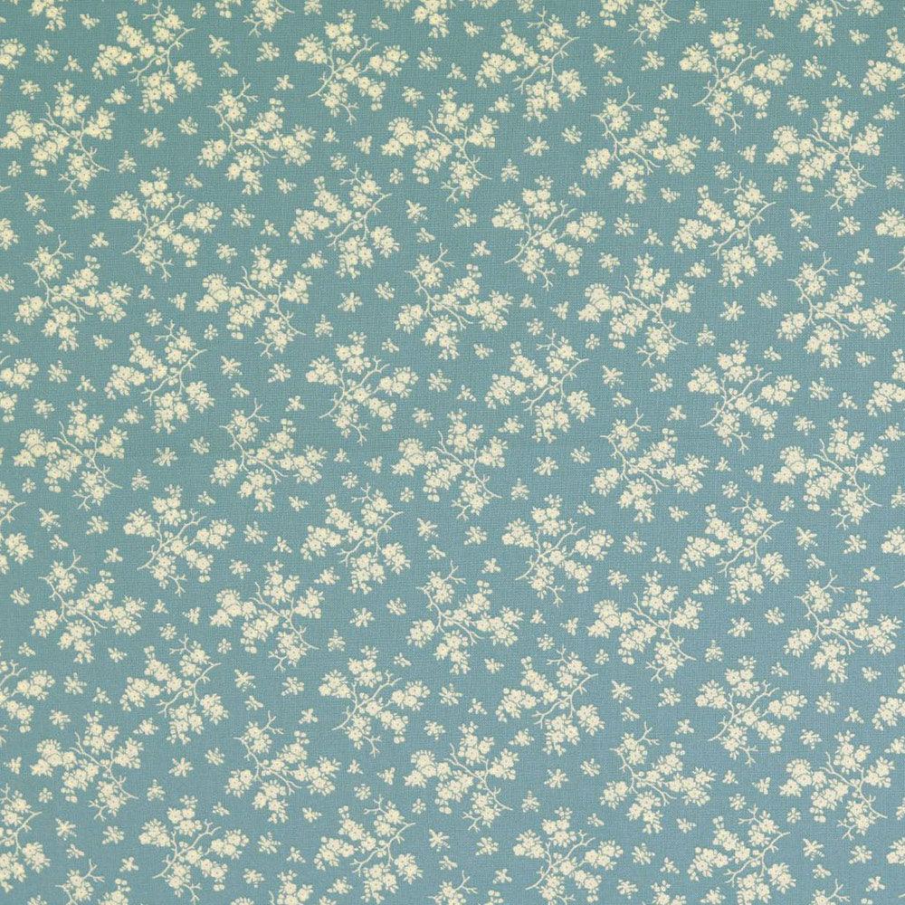 Vintage cotton fabric - Ancient blue background Small ecru flowers