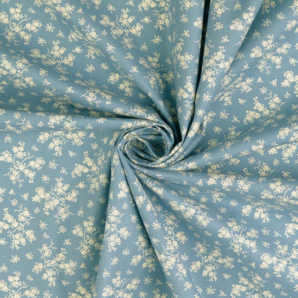 Vintage cotton fabric - Ancient blue background Small ecru flowers