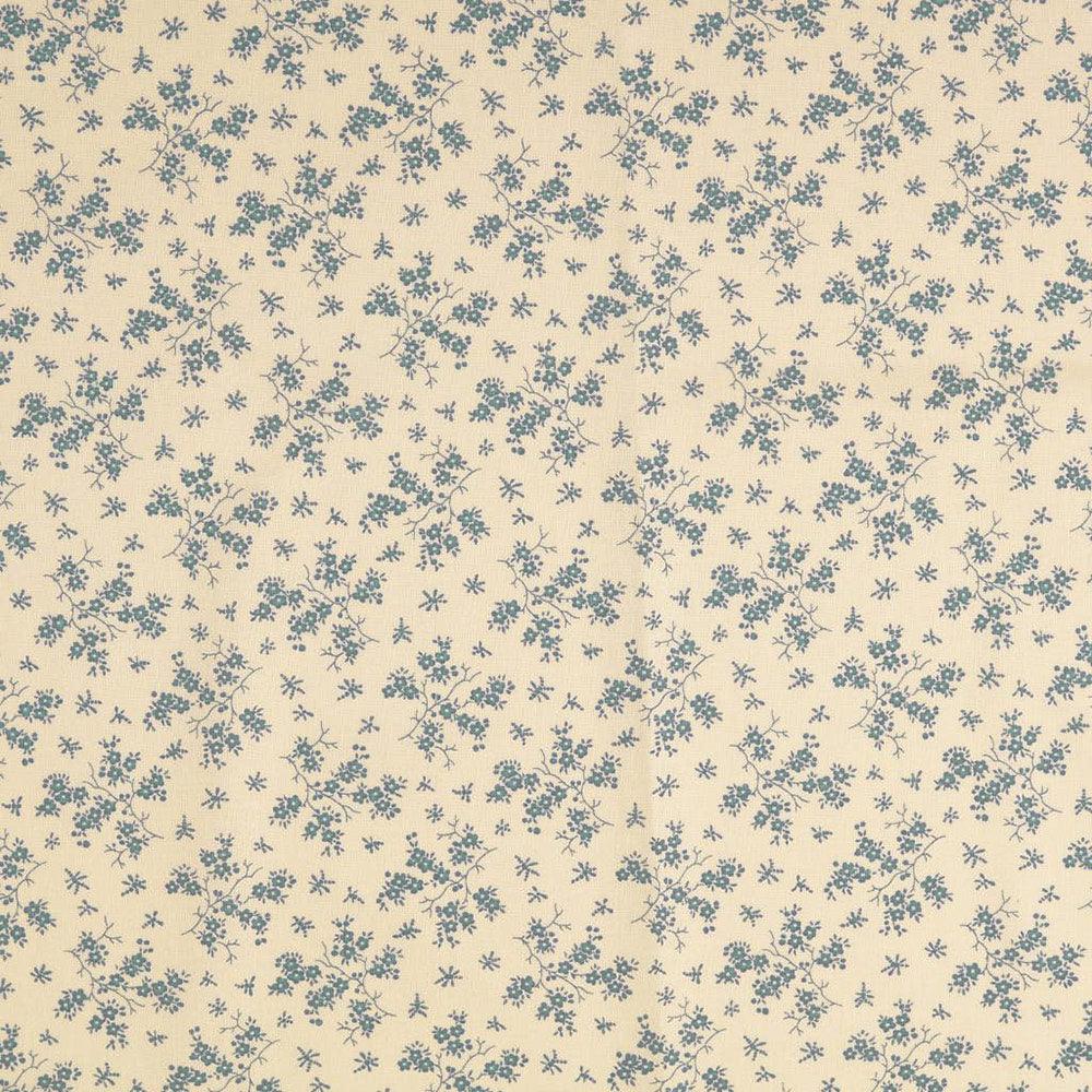 Vintage cotton fabric - ecru background small ancient blue flowers