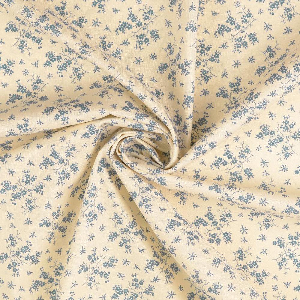 Vintage cotton fabric - ecru background small ancient blue flowers