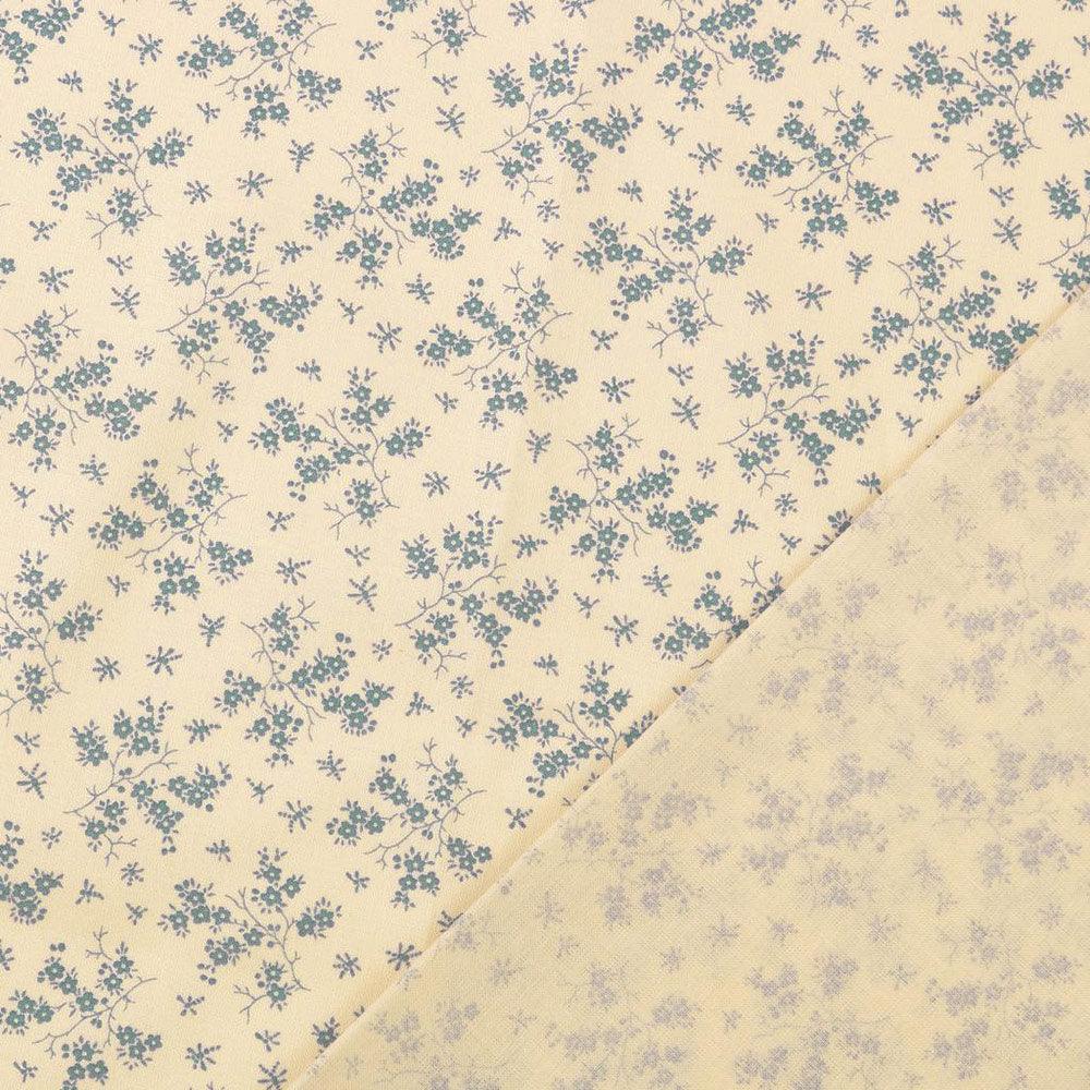 Vintage cotton fabric - ecru background small ancient blue flowers