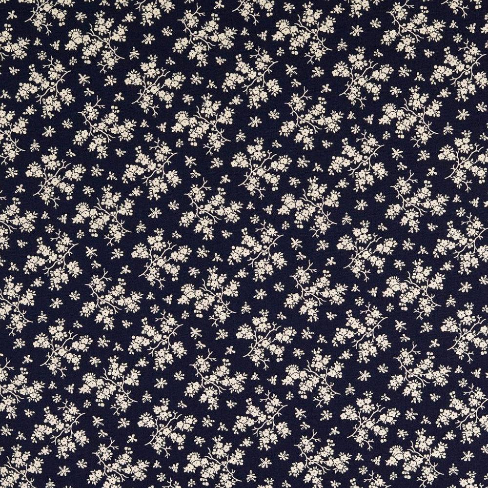 Vintage cotton fabric - Navy blue background Small ecru flowers