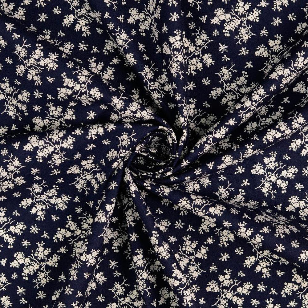 Vintage cotton fabric - Navy blue background Small ecru flowers