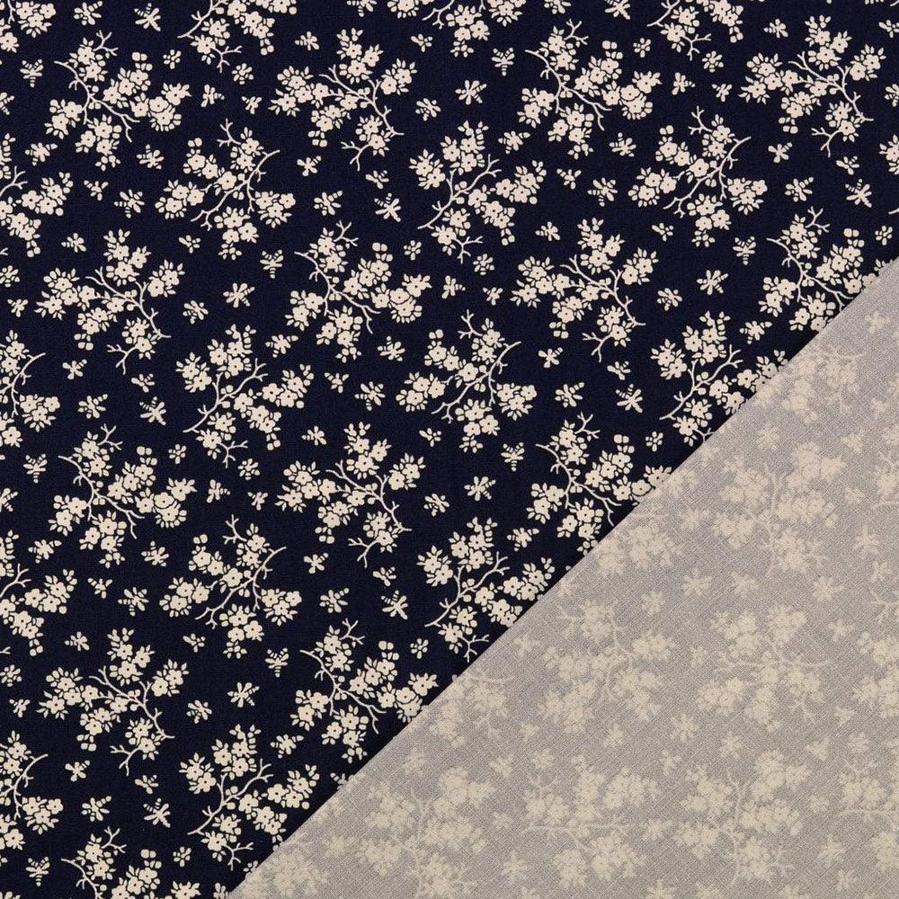 Vintage cotton fabric - Navy blue background Small ecru flowers