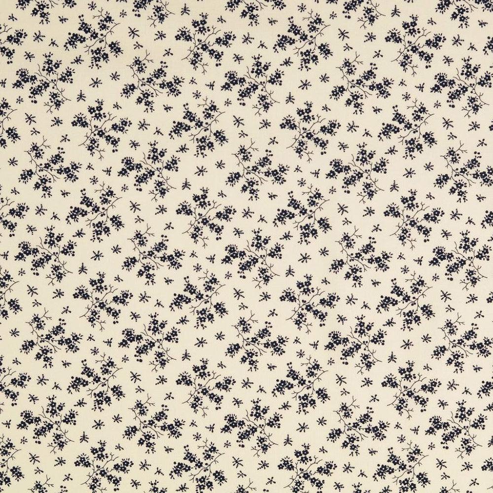 Vintage cotton fabric - Ecru background Small navy blue flowers