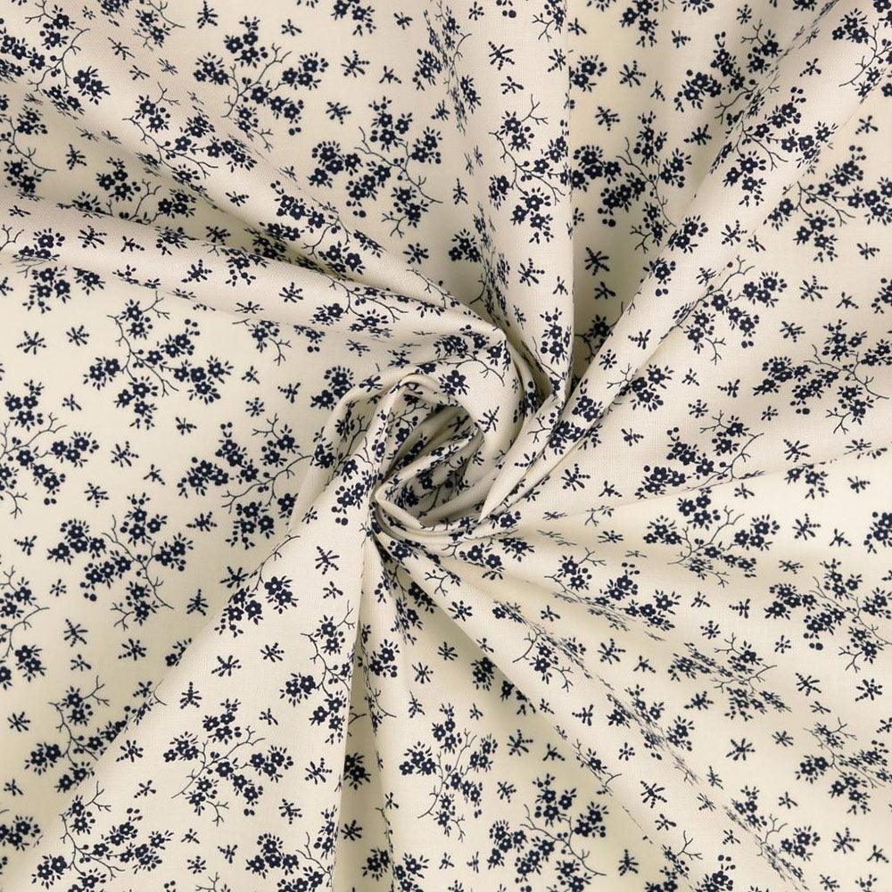 Vintage cotton fabric - Ecru background Small navy blue flowers