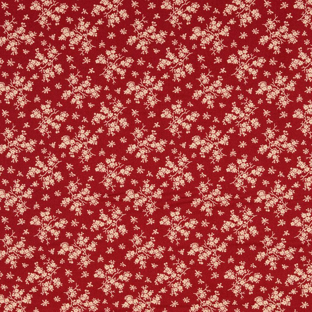 Vintage cotton fabric - Red background Small ecru flowers