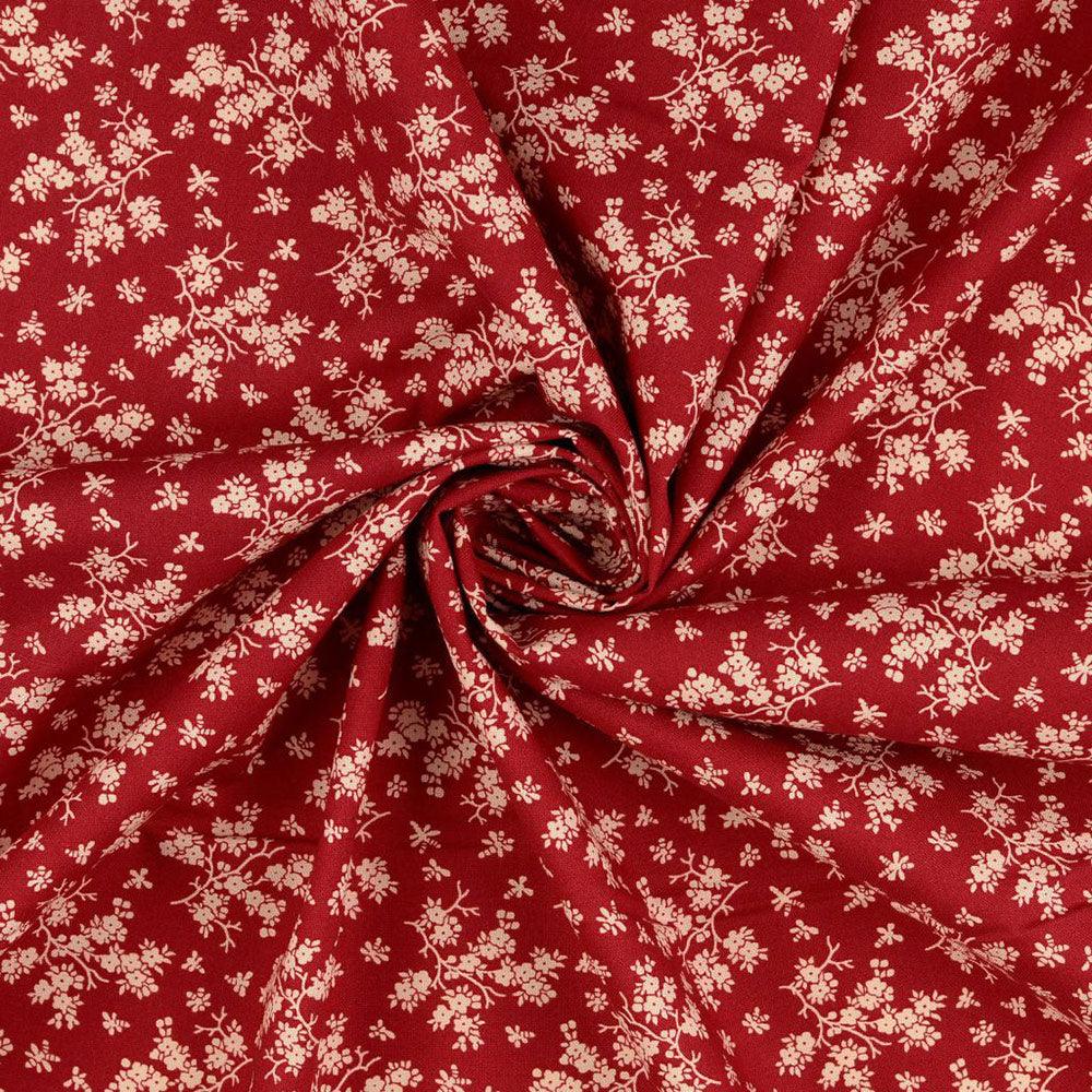 Tissu coton vintage - Fond rouge petites fleurs écrues