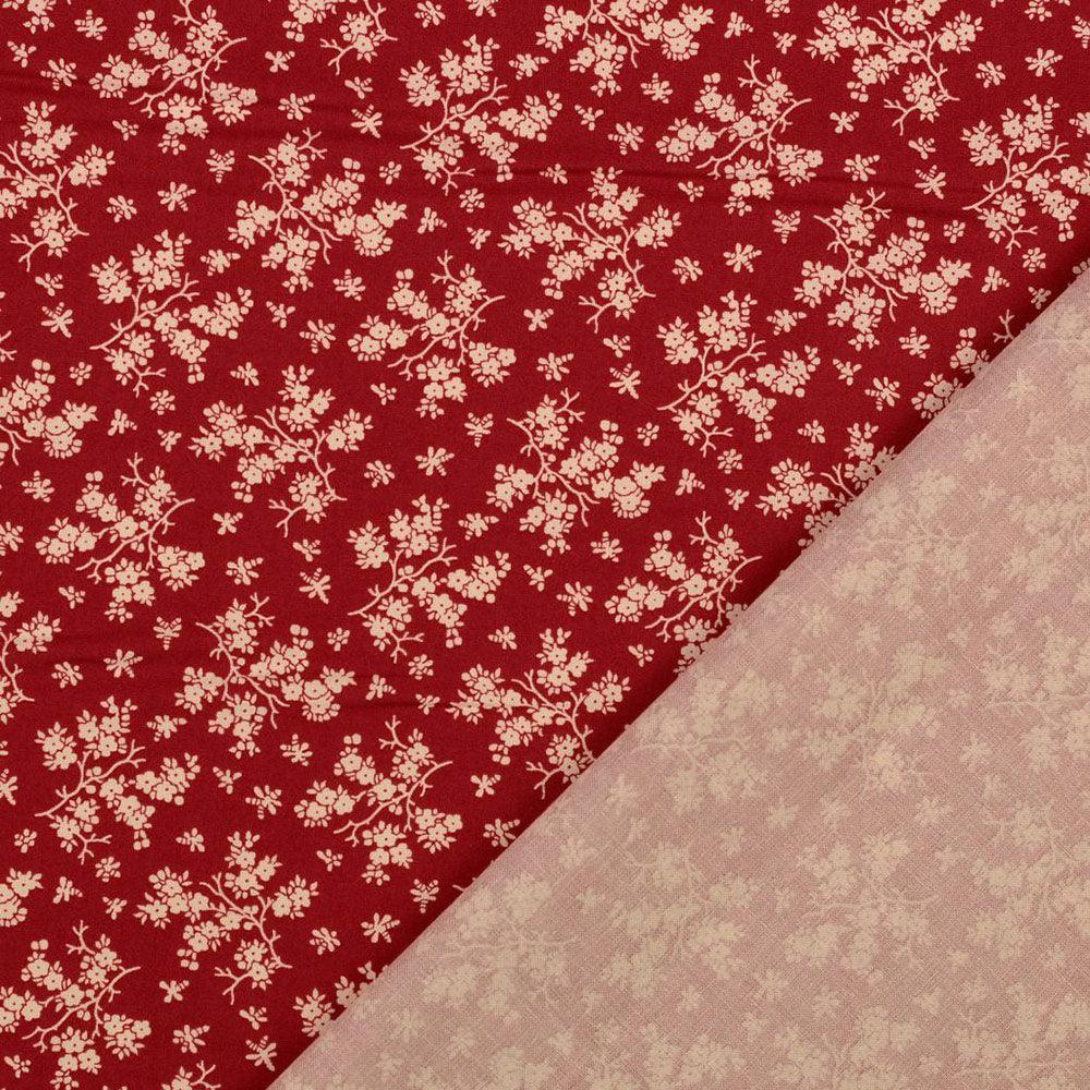 Tissu coton vintage - Fond rouge petites fleurs écrues