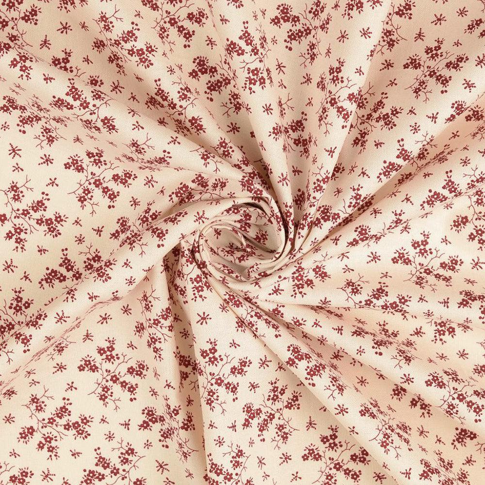 Tissu coton vintage - Fond écru petites fleurs rouges