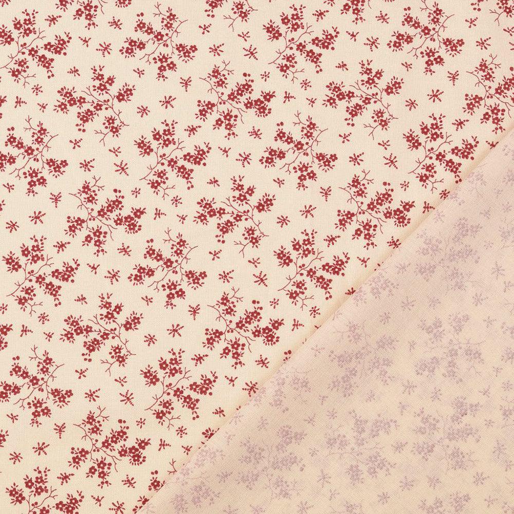 Vintage cotton fabric - ecru background small red flowers