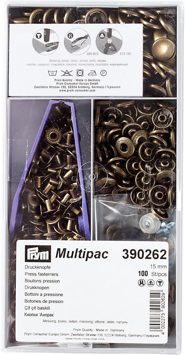 Multipac of 100 anorak pressure buttons - brass 15 mm