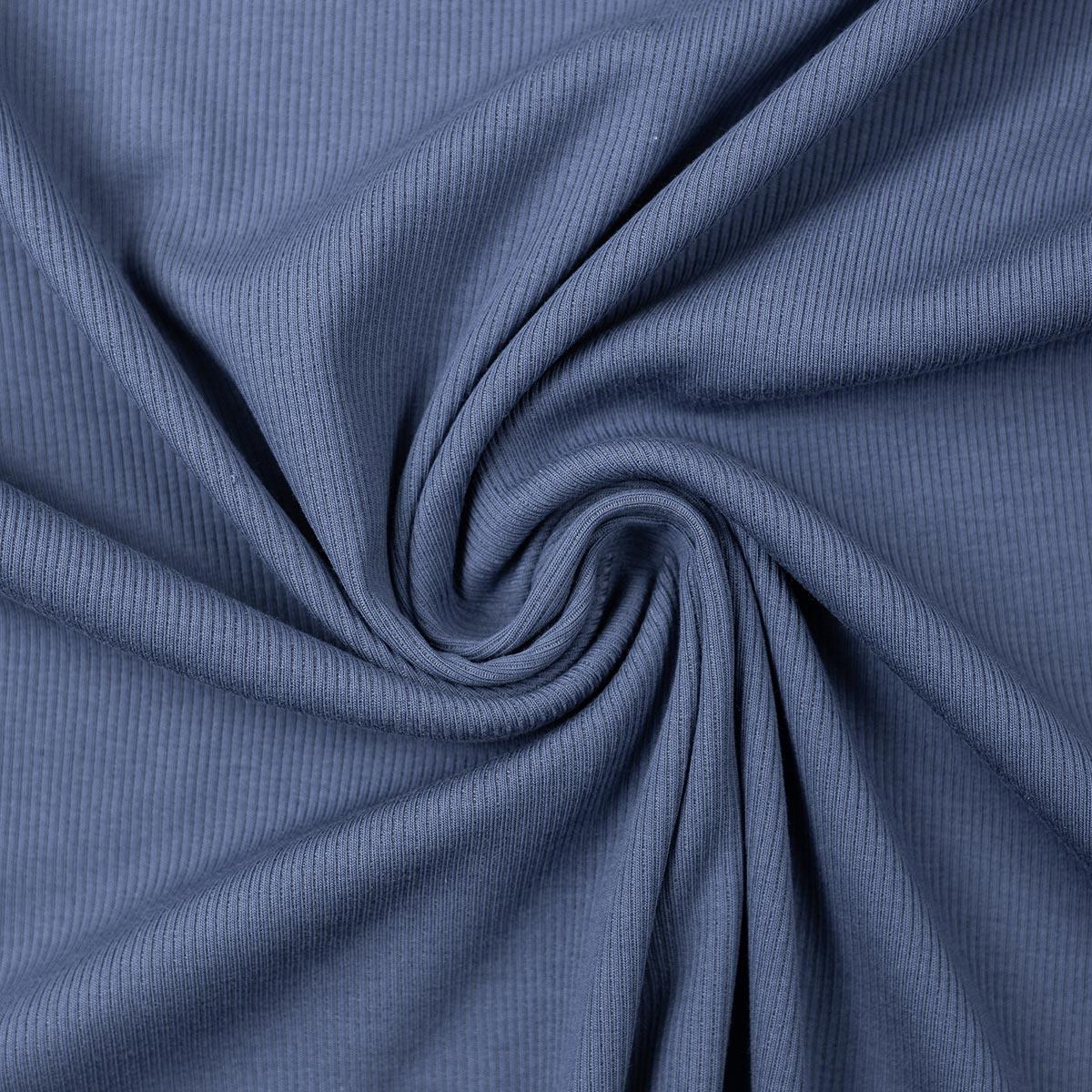 Tissu jersey coton maille fine côtelé - Bleu jeans