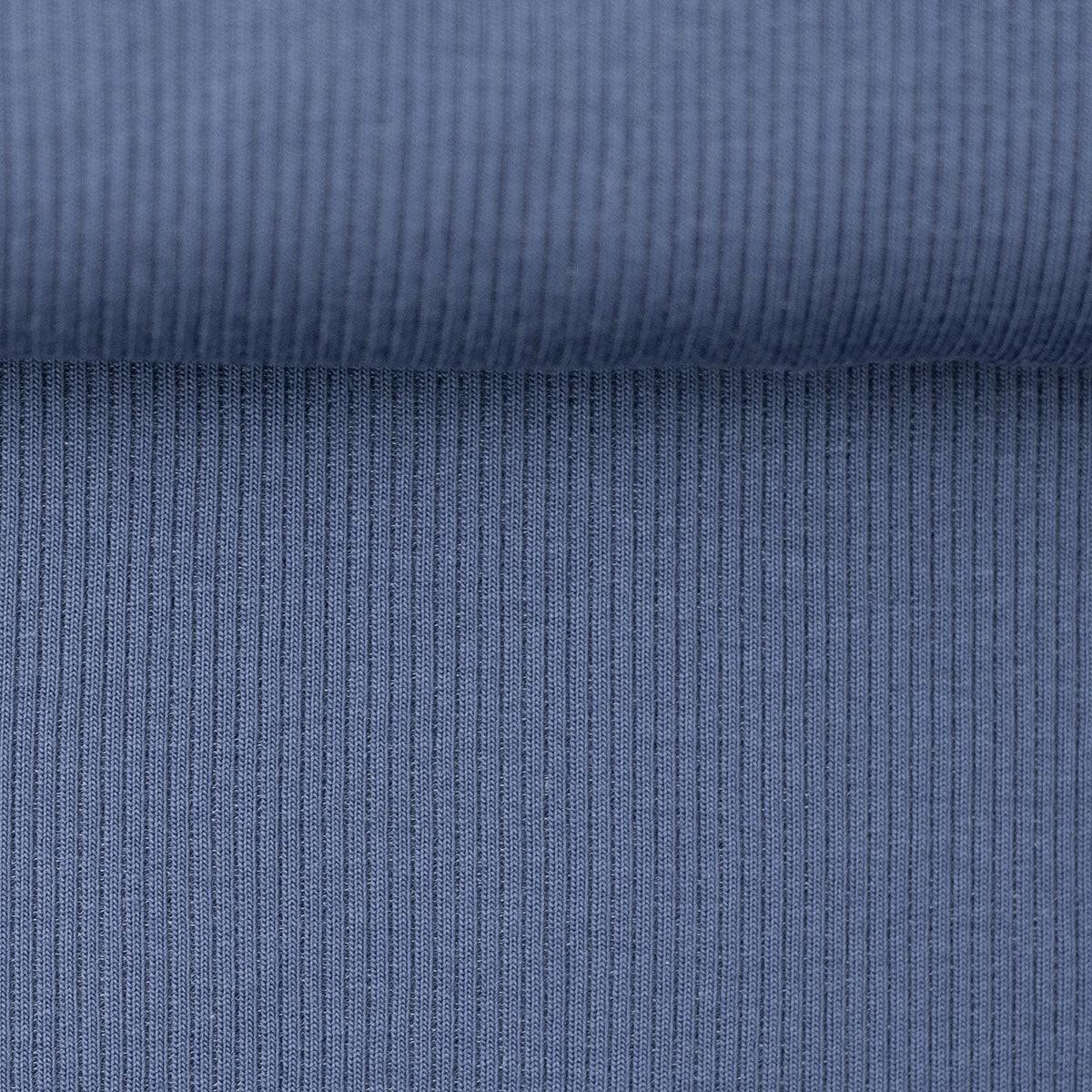 Tissu jersey coton maille fine côtelé - Bleu jeans